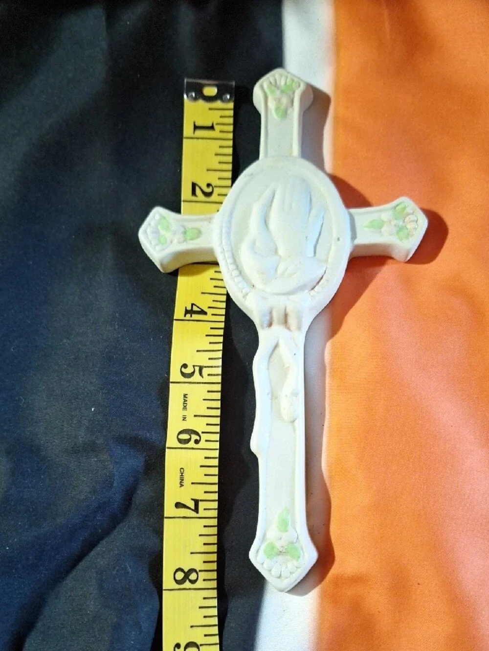 Vintage White Ceramic Crucifix Wall Cross with Subtle Green Accents